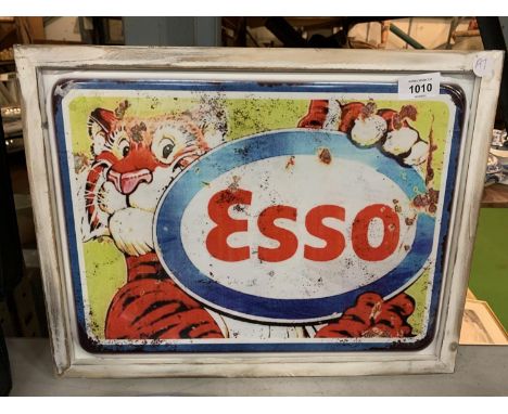 A WOODEN FRAMED METAL 'ESSO' SIGN 