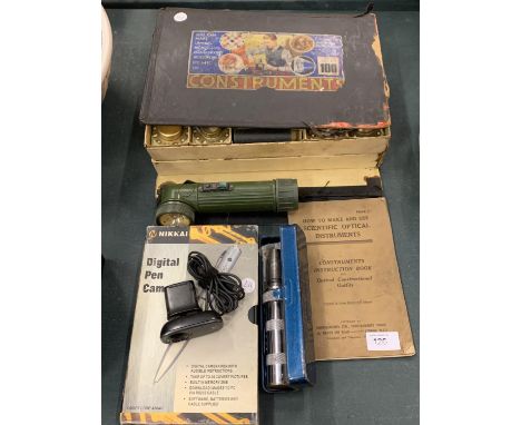 A VINTAGE ARMY TORCH AND A VINTAGE BOX CONTAINING CONSTRUMENTS PARTS 