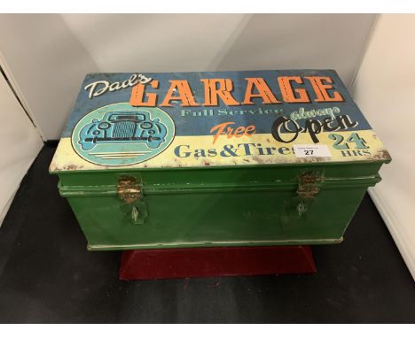 A VINTAGE STYLE ' DAD'S GARAGE ...' HINGE LIDDED TIN 