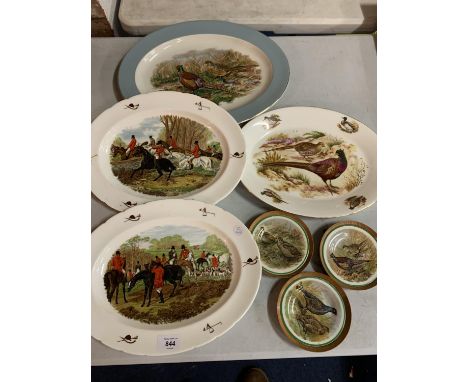 FOUR LARGE SERVING PLATES RELATING TO COUNTRYSIDE PURSUITS AND THREE WOODEN CIRCULAR CERAMIC WALL PLAQUES 