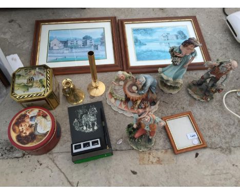 VARIOUS ITEMS TO INCLUDE TWO FRAMED PRINTS, TWO VINTAGE TINS AND FOUR FIGURES ETC 