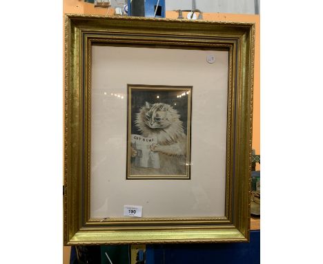 A FRAMED AND SIGNED PRINT OF A CAT READING THE NEWSPAPER 