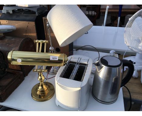 A BRASS DESK LIGHT, CHROME BARLEY TWIST DESK LAMP, TOASTER, KETTLE 