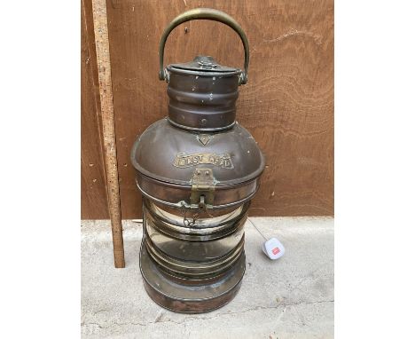 A VINTAGE COPPER AND BRASS MARITIME LAMP WITH MAST HEAD LABEL - CONVERTED TO ELECTRIC 