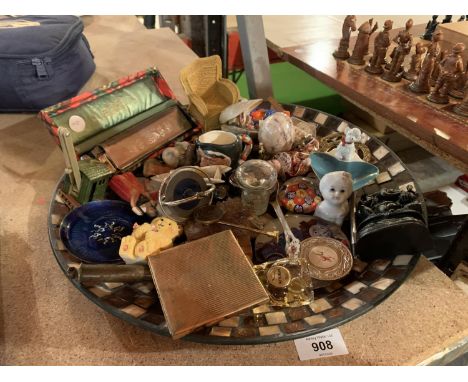 AN ECLECTIC ASSORTMENT TO INCLUDE A BOXED HARMONICA, A VINTAGE WEIGH SCALE AND A ROYAL DOULTON MINITURE CHARACTER JUG ETC 