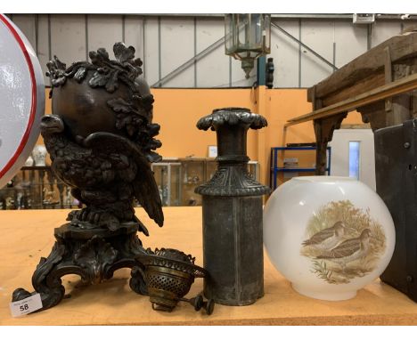 A LARGE VINTAGE OIL LAMP WITH EAGLE DECORATION ( NEEDS A FITTING, SEE PHOTOGRAPH) 