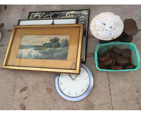 A SET OF VINTAGE KITCHEN WEIGH SCALES AND WEIGHTS, A WALL CLOCK AND THREE LARGE PRINTS 