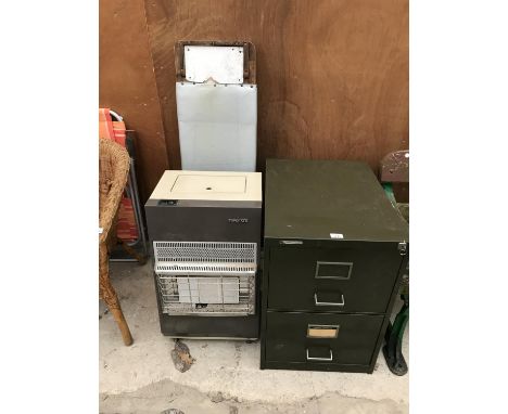 A VINTAGE RONEO VICKER TWO DRAWER FILING CABINET WITH KEY, A GAS HEATER AND A VINTAGE IRONING BOARD 