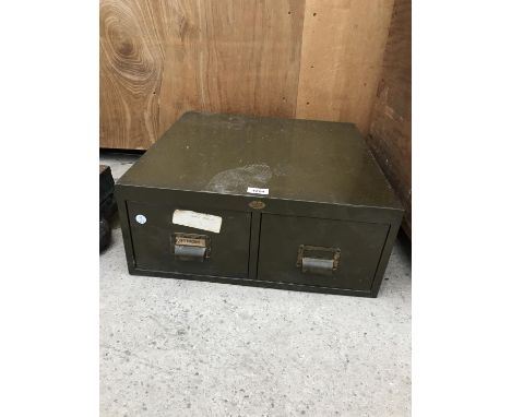 A VINTAGE METAL TWO DRAWER MINIATURE FILING CABINET 