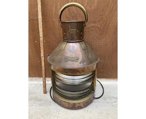 A VINTAGE COPPER AND BRASS MARITIME LAMP WITH PORT LABEL AND MAKERS LABEL, A BROWNLEE &amp; CO, GLASGOW - CONVERTED TO ELECTR