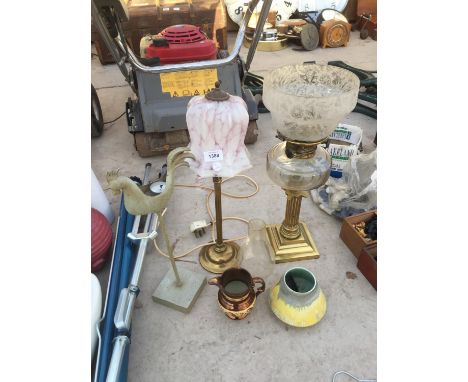 AN OIL LAMP, AN ELECTRIC TABLE LAMP AND OTHER DECORATIVE ITEMS ETC 