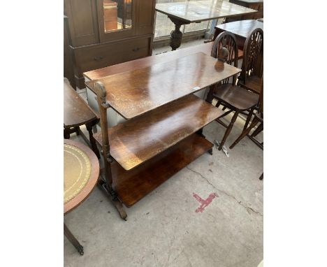 A THREE TIER FOLDING MAHOGANY SERVING TABLE (LOWER SHELF UNATTACHED) 