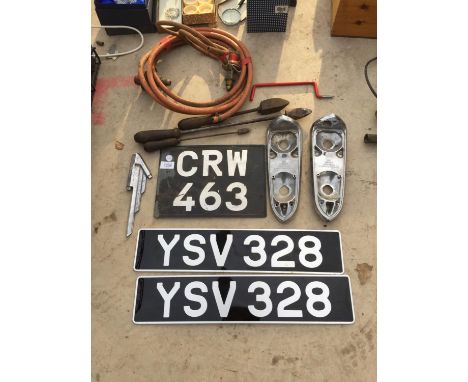 THREE TRACTOR NUMBER PLATES AND OTHER VINTAGE TOOLS ETC 