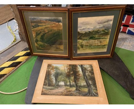 A FRAMED PASTEL, A FRAMED PAINT ON PAPER AND AN UNFRAMED SIGNED PRINT ON BOARD OF A WOODLAND 