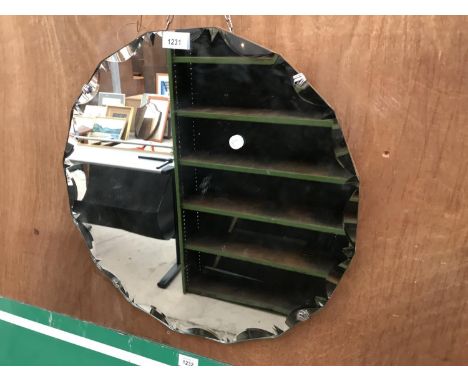 A VINTAGE BEVELLED EDGE MIRROR WITH ART DECO CLASPS AND HANGING CHAIN 