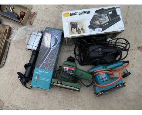 VARIOUS ELECTRICAL TOOLS TO INCLUDE BLACK AND DECKER WALL PPAPER STRIPPER, TWO SANDERS AND A 12V INSPECTION LAMP 
