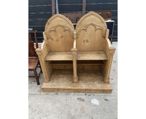 A PINE CEREMONIAL THRONE TYPE DOUBLE CHAIRS LINKED ON PLATEAU BASE WITH ARCHED BACKS AND LIFT-UP SEATS TO REEAL SHELF, 53" WI