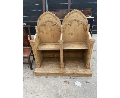 A PINE CEREMONIAL THRONE TYPE DOUBLE CHAIRS LINKED ON PLATEAU BASE WITH ARCHED BACKS AND LIFT-UP SEATS TO REEAL SHELF, 53" WI