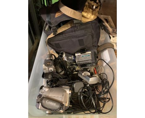 A QUANTITY OF CAMERA EQUIPMENT TO INCLUDE FIVE CAMCORDERS 