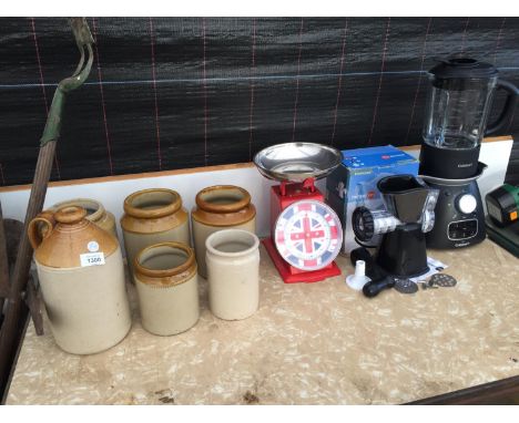 AN ASSORTMENT OF KITCHEN WARE TO INCLUDE A BLENDER, SCALES AND STONE WARE JARS ETC 