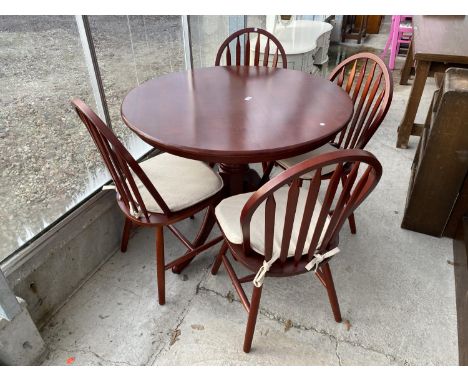 A MODERN CIRCULAR DINING TABLE, 42" DIAMETER, ON PILLAR SUPPORTS, TOGETHER WITH FOUR CHAIRS 
