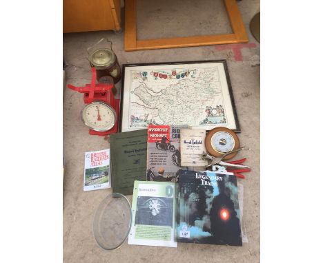 A QUANTITY OF VINTAGE ITEMS TO INCLUDE ROYAL ENFIELD MOTOR CYCLE BOOKS, A MAP OF LANCASTER AND SCALES ETC 