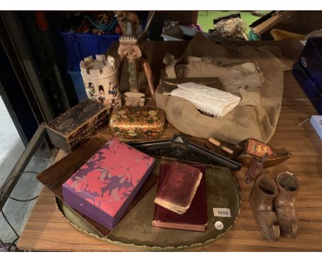 VARIOUS ITEMS TO INCLUDE A VINTAGE WOODEN MONEY BOX AND A LARGE TRAY ETC 