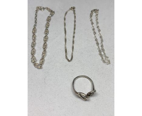 THREE SILVER BRACELETS AND A SILVER RING IN A PRESENTATION BOX 