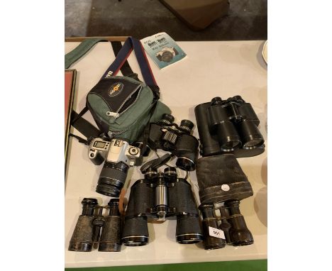 FIVE PAIRS OF BINOCULARS AND A CAMERA AND CAMERA BAG 