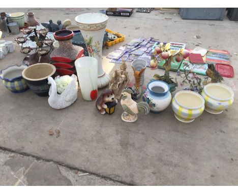 AN ASSORTMENT OF CERAMIC WARE TO INCLUDE VASES AND ANIMAL FIGURES ETC 