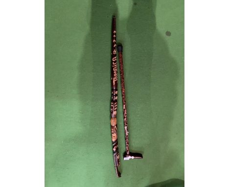 A CARVED WOODEN WALKING STICK FEATURING A CAT HANDLE AND A WOODEN SNAKE HANDLE WALKING STICK WITH ORNATE CARVING JAMAICA 