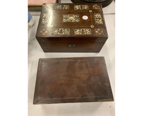 A VINTAGE WOODEN SEWING BOX INLAID WITH MOTHER OF PEARL AND A FURTHER WOODEN HINGED BOX 