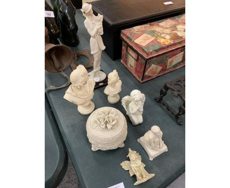 AN ASSORTMENT OF CERAMIC WARE TO INCLUDE TWO GREEK GODDESS BUSTS AND A 'FLORENCE' LADY WITH A DOG ETC 
