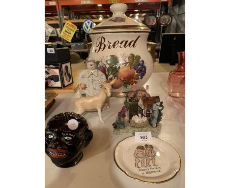 AN ECLECTIC ASSORTMENT OF CERAMIC WARE TO INCLUDE AN EARTHENWARE BREAD BIN ETC 