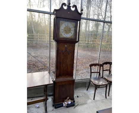 A 19TH CENTURY MAHOGANY EIGHT DAY LONGCASE CLOCK WITH SWAN NECK PEDIMENT AND SQUARE BRASS FACE 