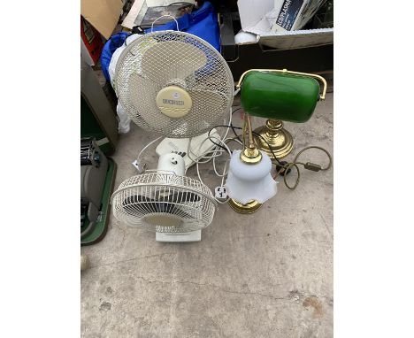 A DESK LAMP, A TABLE LAMP AND TWO ELECTRIC FANS 