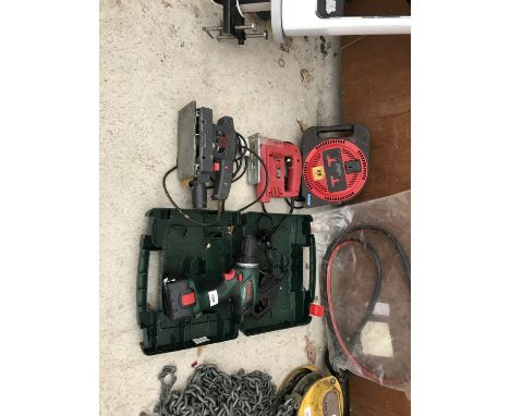 A BOSCH PSR14,4-2 CORDLESS DRILL WITH JIGSAW, SANDER, EXTENSION LEAD, BELIEVED IN WORKING ORDER BUT NO WARRANTY GIVEN 