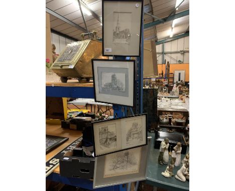 FOUR FRAMED AND SIGNED PRINTS OF CHURCHES IN CHESHIRE TO INCLUDE ASTBURY AND GAWSWORTH ETC 