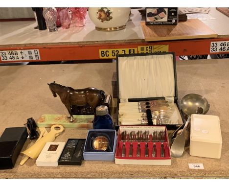 VARIOUS ITEMS TO INCLUDE TWO BOXES OF SILVER PLATE FLAT WARE AND A CERAMIC HORSE ETC 