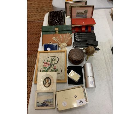 VARIOUS ITEMS TO INCLUDE VINTAGE PURSES, FRAMED EMBROIDERIES ETC 