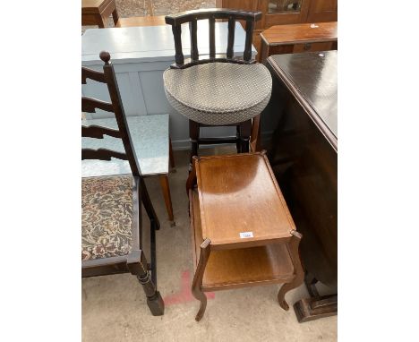 A SMALL OAK OCCASIONAL TABLE WITH LOWER SHELF AND A MAHOGANY HIGH STOOL 