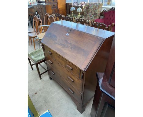 A GEORGE III STYLE MAHOGANY FALL FRONT BUREAU ON BRACKET FEET, 36" WIDE 