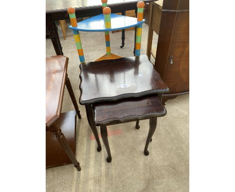 A NEST OF TWO MAHOGANY TABLES AND A PLAYROOM CORNER SHELF 