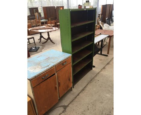 A VINTAGE SIX SHELF METAL SHELVING UNIT ALONG WITH A VINTAGE 1950'S KITCHEN UNIT 