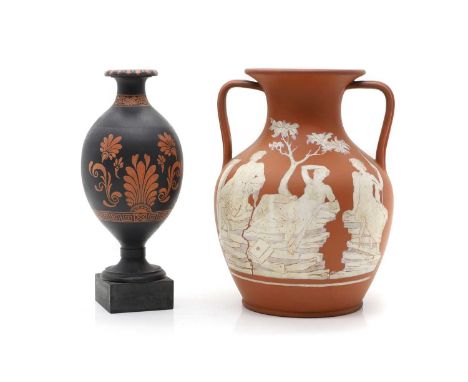 Two Wedgwood stoneware vase,  19th century, in the Attic taste,  the first of twin handled form,  enamelled with classical fi