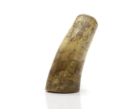 A Scrimshaw horn powder flask, 19th century, 'Engraved on Holy Island January 10th 1868', engraved with hunters and coat of a