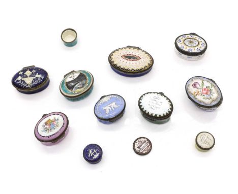 A collection of enamel pill and patch boxes  18th century and later, to include Bilston examples, including examples inscribe