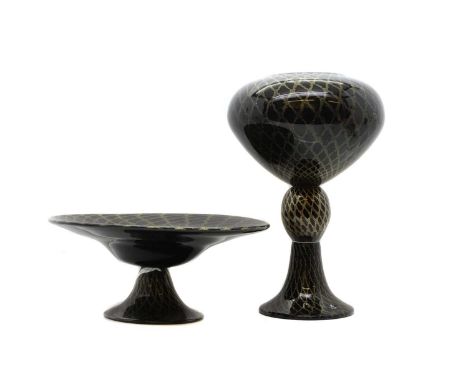 A modern Italian art glass pedestal vase by Duccio di Segna, black with gold trellis patterns30cm wide47cm highand a matching