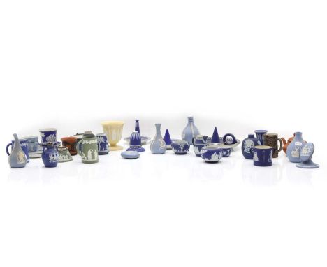 A collection of Wedgwood Jasperware miniature items,  19th century and later, to include, a chamberstick, ring tree, vases, a