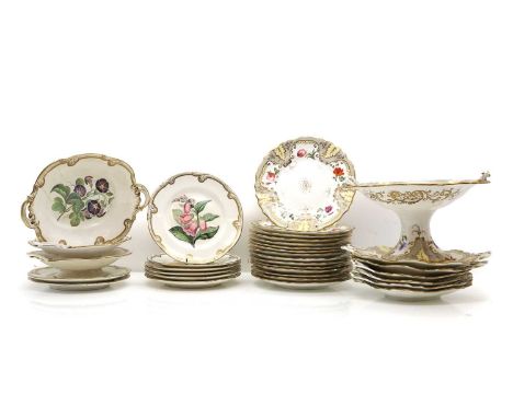 A Spode porcelain dessert service, mid-19th century, pattern number 7723, each piece with a buff ground, painted with flowers